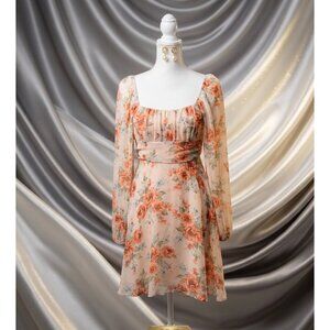 Blu pepper Floral Print Long-Sleeve Chiffon Mini Dress size S With Square Neck &